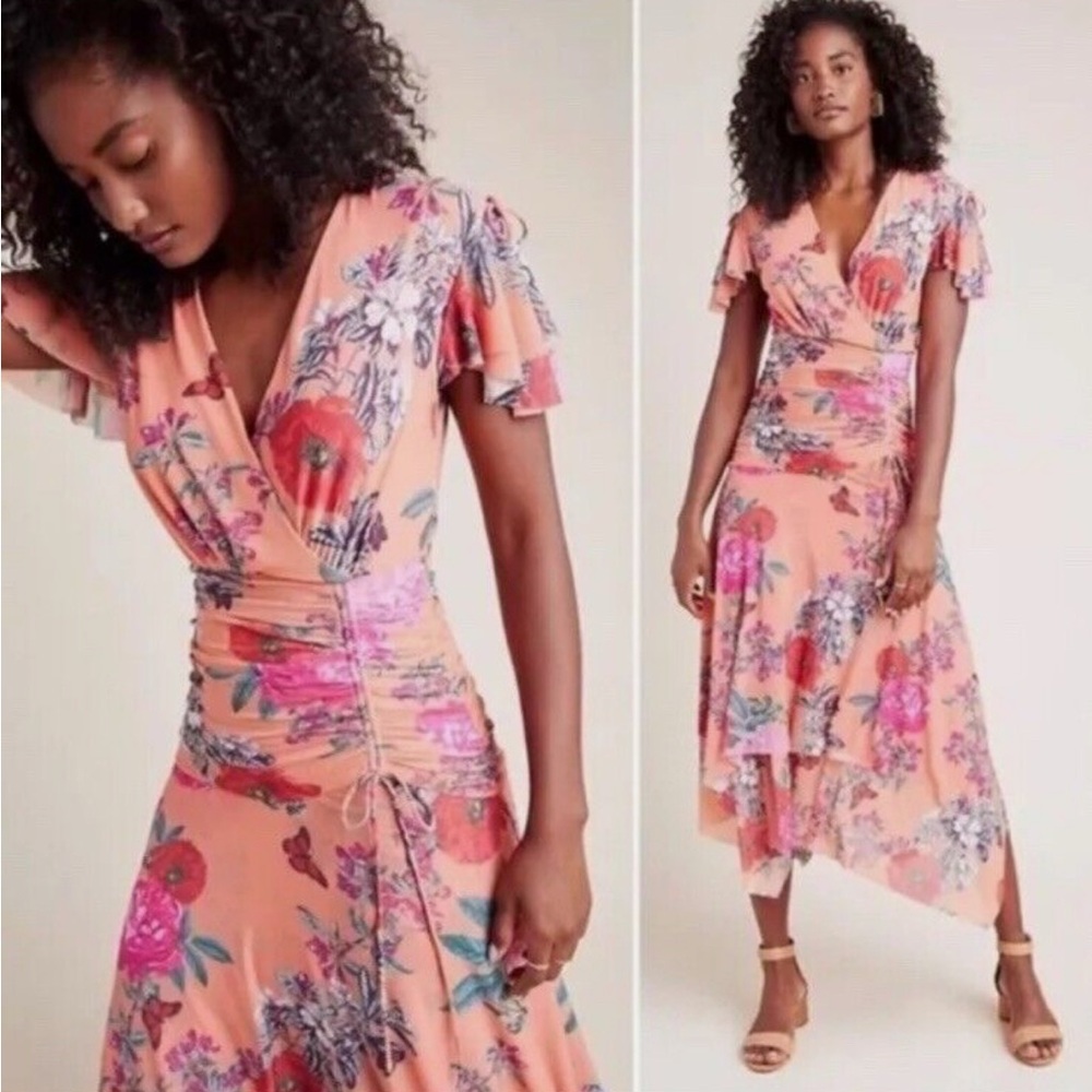 Anthropologie Maeve Orange and Pink Midi Dress